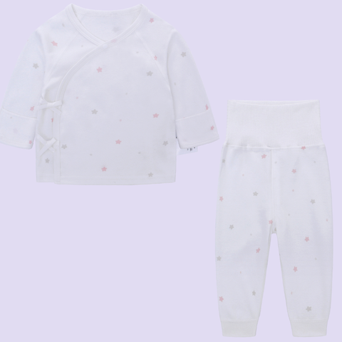  MiracleBaby - Áo sơ sinh tay dài cài lệch nguyên chất Cotton kèm quần cạp cao dày dặn, co giãn, giữ nhiệt tốt, mềm mại 