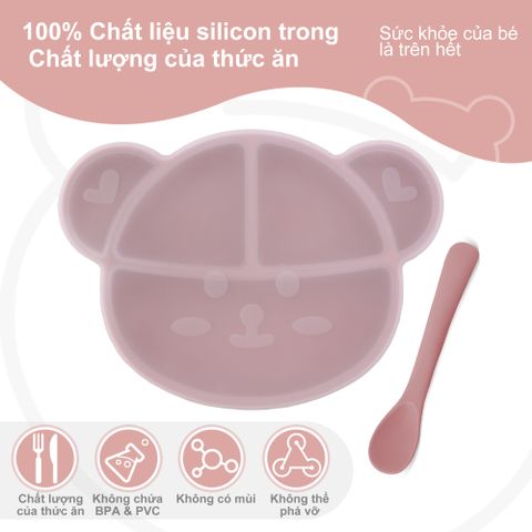  Khay Bát Ăn Dặm Silicon Gấu Có Đế Hút Chân Có Nắp Đậy Chống Đổ Cho Bé 