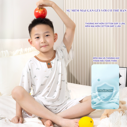  Bộ đồ ngắn tay vải lụa băng cho bé trai 90-130 mát lạnh dễ chịu thoáng khí 