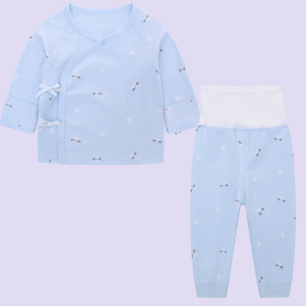  MiracleBaby - Áo sơ sinh tay dài cài lệch nguyên chất Cotton kèm quần cạp cao dày dặn, co giãn, giữ nhiệt tốt, mềm mại 