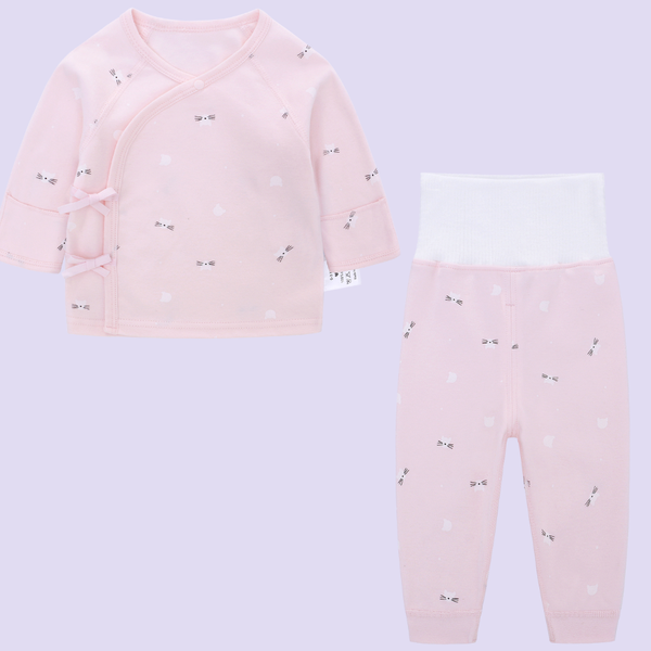  MiracleBaby - Áo sơ sinh tay dài cài lệch nguyên chất Cotton kèm quần cạp cao dày dặn, co giãn, giữ nhiệt tốt, mềm mại 