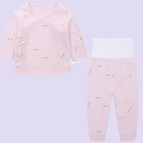  MiracleBaby - Áo sơ sinh tay dài cài lệch nguyên chất Cotton kèm quần cạp cao dày dặn, co giãn, giữ nhiệt tốt, mềm mại 