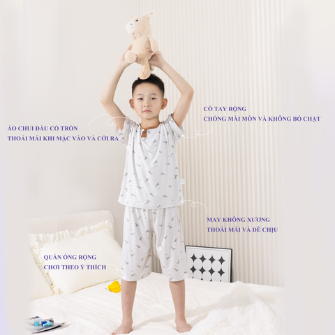  Bộ đồ ngắn tay vải lụa băng cho bé trai 90-130 mát lạnh dễ chịu thoáng khí 