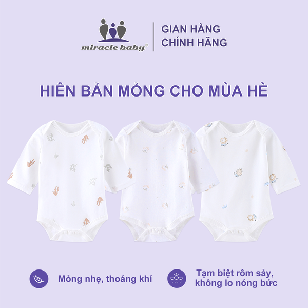 Set 3 Bodysuit dài tay cho bé 0-12 tháng cotton 100% mỏng nhẹ thoáng khí tạm biệt rôm sảy 