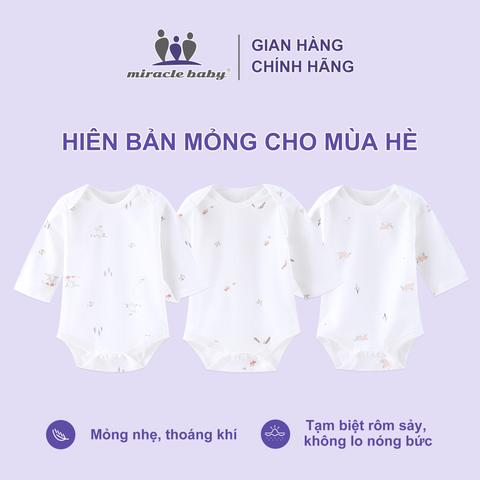  Set 3 Bodysuit dài tay cho bé 0-12 tháng cotton 100% mỏng nhẹ thoáng khí tạm biệt rôm sảy 