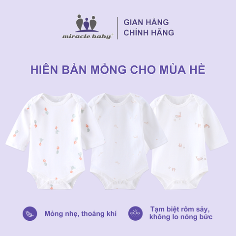  Set 3 Bodysuit dài tay cho bé 0-12 tháng cotton 100% mỏng nhẹ thoáng khí tạm biệt rôm sảy 