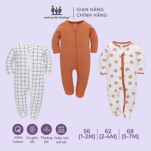  Bodysuit áo quần liền thân DÂY KÉO cho bé chất liệu Cotton thương hiệu Miraclebaby từ 0 đến 12 tháng tuổi 