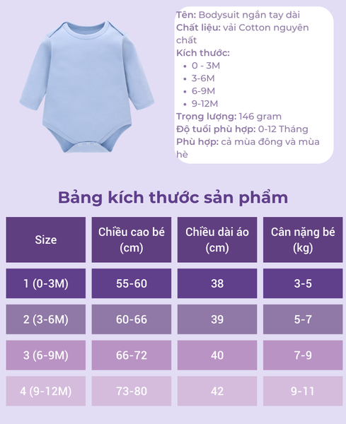  Bodysuit/Jumsuit ngắn TAY DÀI cho bé chất liệu Cotton nguyên chất co giãn tốt phù hợp cho bé từ 0-12 tháng 