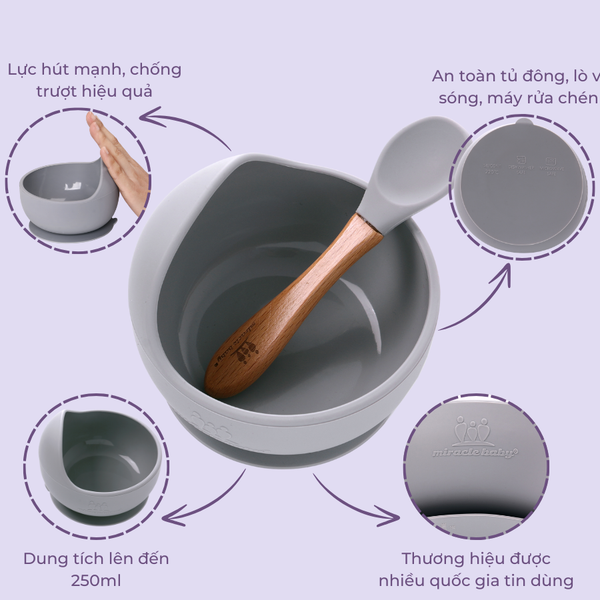  Chén ăn dặm silicone Miraclebaby và muỗng phù hợp dành bé trai, bé gái trên 5 tháng tuổi 
