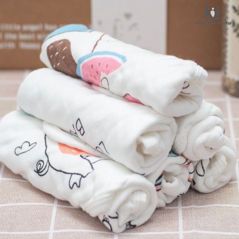  Set 5 Khăn Xô Muslin 6 lớp 100% Cotton Siêu Mềm, Khăn Rửa Mặt Cho Bé Hàng Cao Cấp Kích Thước 30x30 cm 