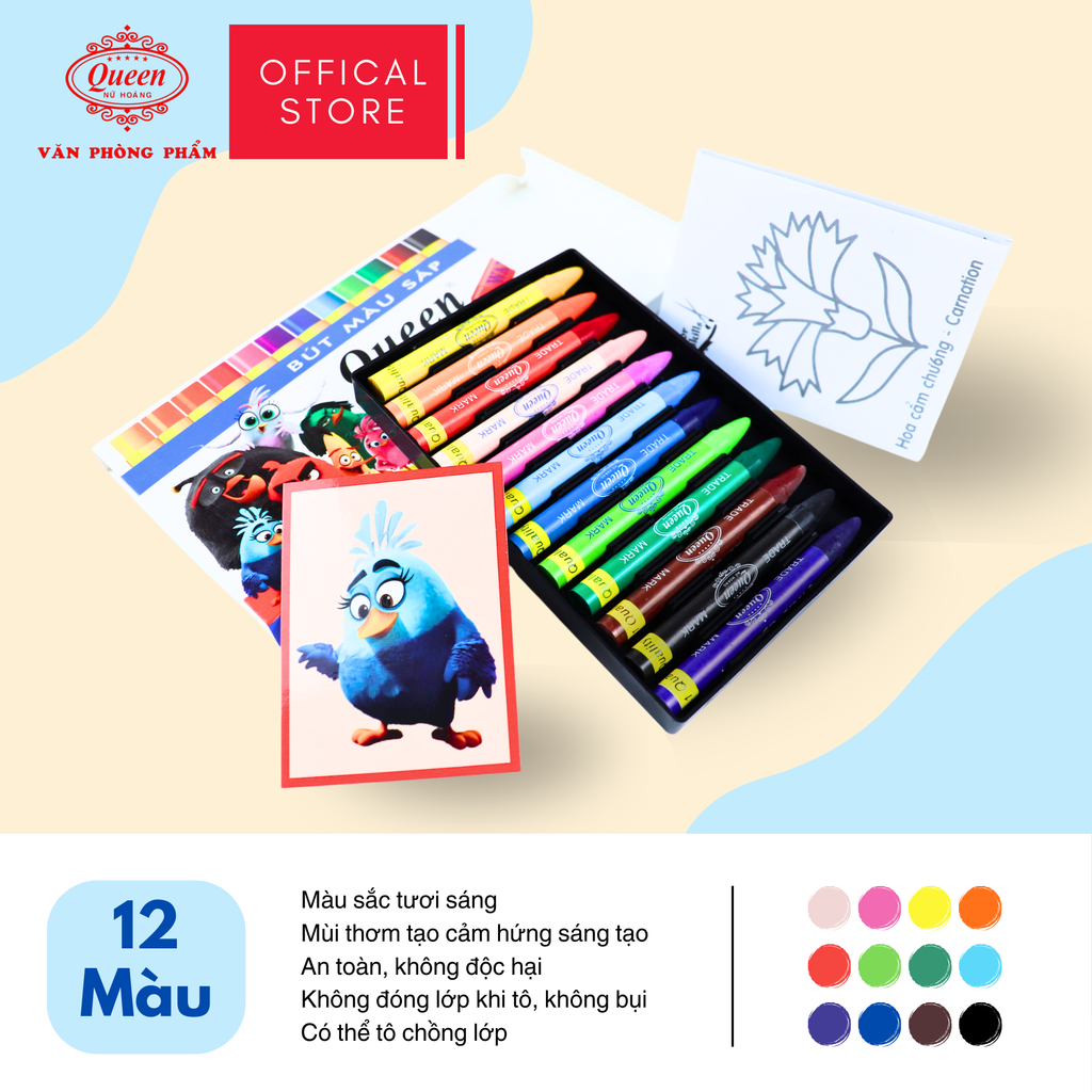 (Mẫu Mới) Bút sáp màu Queen (Nữ Hoàng) - Hộp giấy 12 màu/18 màu/24 màu - Tặng 1 ảnh hoạt hình & Giấy Tô Màu