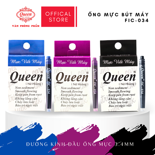 Ống mực bút máy Queen (Nữ Hoàng) - Đường Kính 3.4mm -  1 Hộp 12 Ống/ 1 Block 12 Hộp - Màu Tím/Xanh Dương/Đen - FIC034