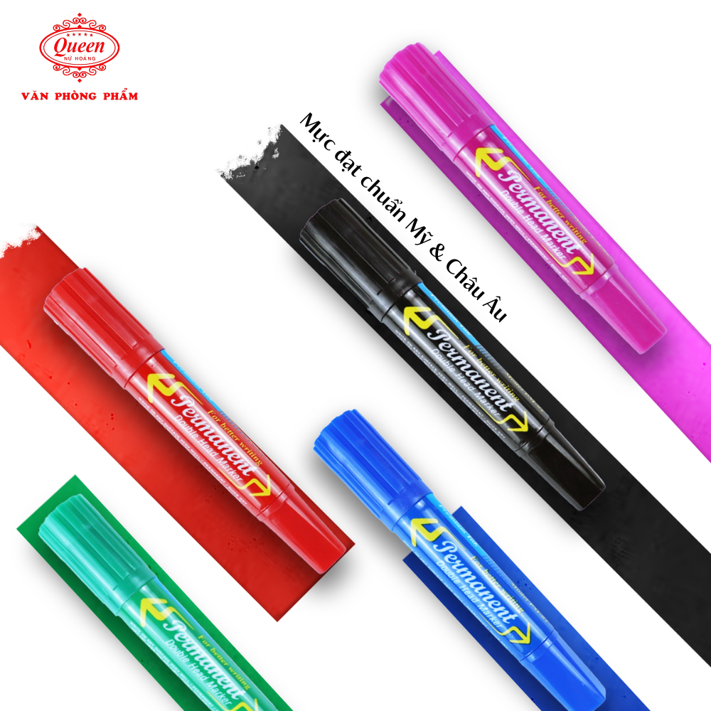Bút lông dầu Queen (Nữ Hoàng) - CHÍNH HÃNG - Hai Đầu Vuông Tròn - Màu Xanh Dương/Đen/Đỏ/Xanh Lá/Hồng Sen - PM02