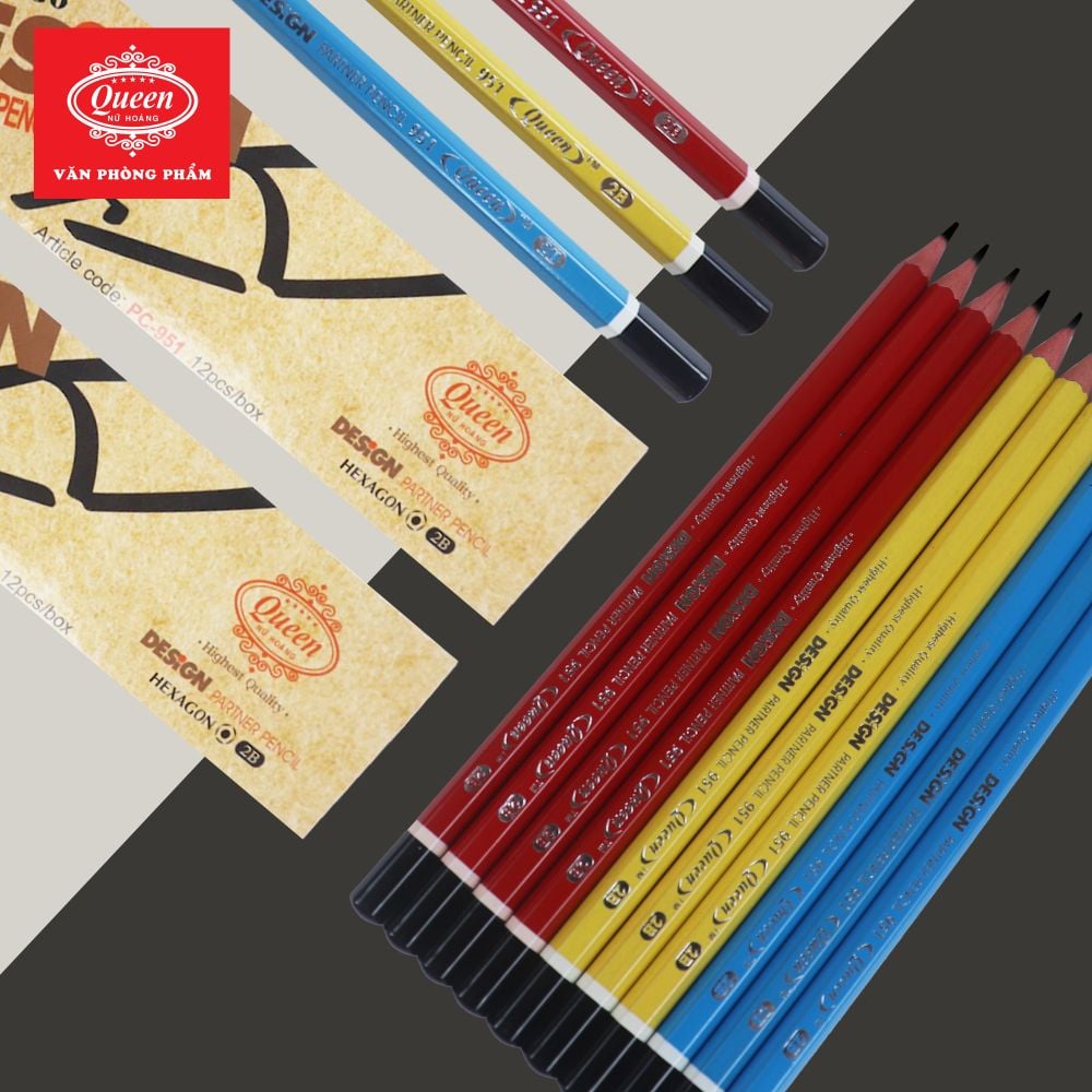 Bút chì 2B Queen (Nữ Hoàng) - CHÍNH HÃNG - Thân Màu Đỏ/Vàng/Xanh - 2B Design Partner  PC-951