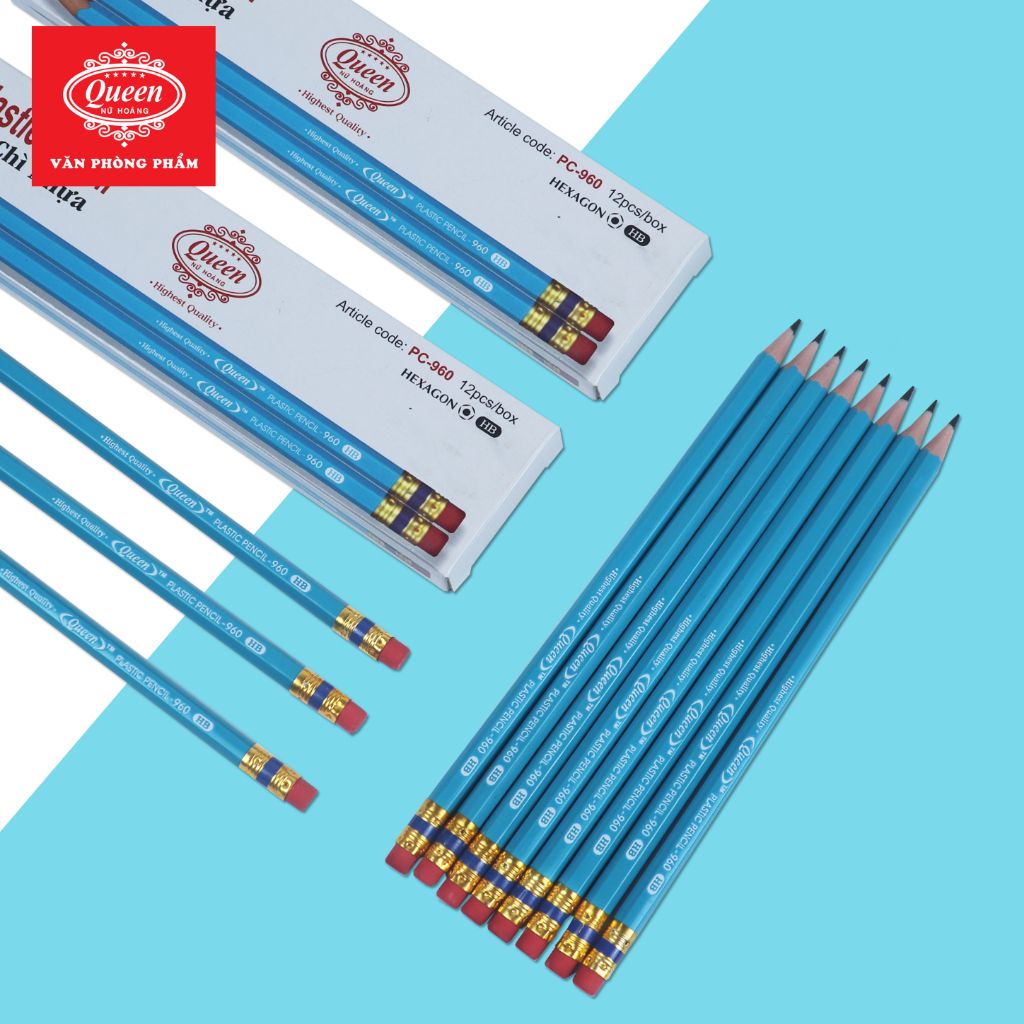 Bút chì HB Queen (Nữ Hoàng) - CHÍNH HÃNG - Hộp 12 Cây - Thân Màu Xanh Biển - HB Plastic Pencil PC-960 - 1 Chiếc