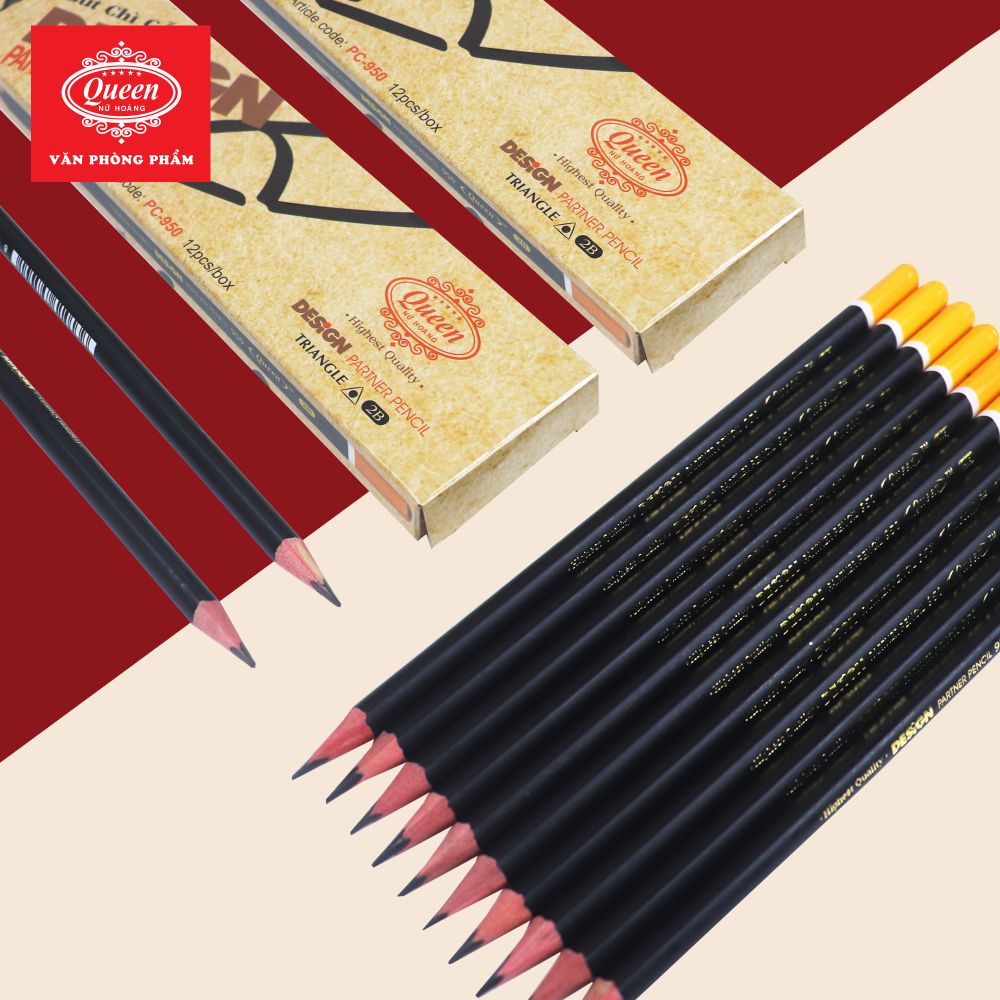 Bút chì 2B Queen (Nữ Hoàng) - CHÍNH HÃNG - Thân Màu Đen - 2B Design Partner  PC-950 - 1 Hộp (12 cây)