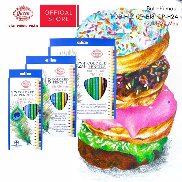 Bút chì màu Queen (Nữ Hoàng) - 12/18/24 Màu - CP-H12/CP-H18/CP-H24 - Chính Hãng