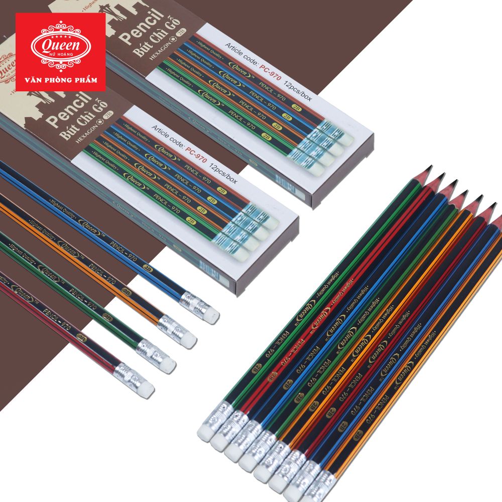 Bút chì 2B Queen (Nữ Hoàng) - 1 Chiếc - Màu Sọc Đỏ/Xanh Lá/Vàng/ Xanh Dương - PC-970