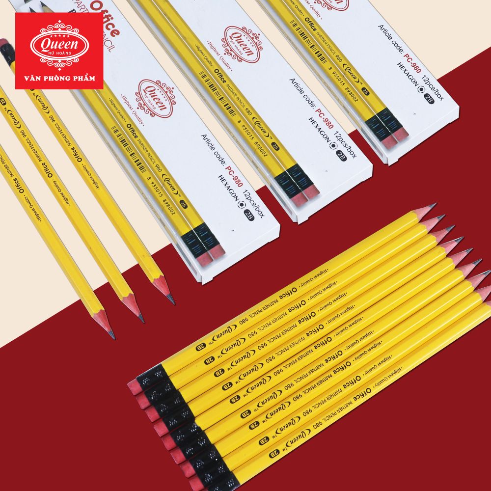 Bút chì 2B Queen (Nữ Hoàng) - CHÍNH HÃNG - Thân Màu Vàng/Đầu Bôi - Office Partner PC980 - 1 Chiếc