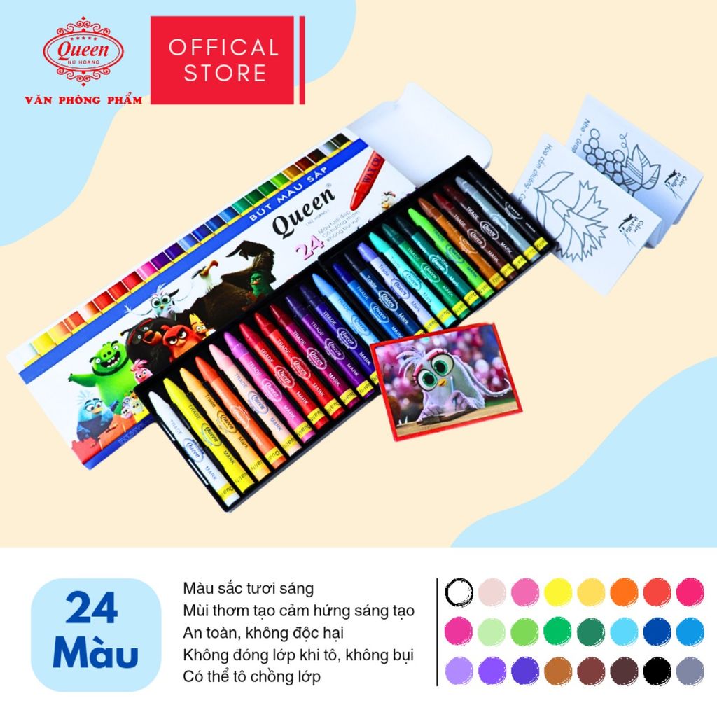 (Mẫu Mới) Bút sáp màu Queen (Nữ Hoàng) - Hộp giấy 12 màu/18 màu/24 màu - Tặng 1 ảnh hoạt hình & Giấy Tô Màu