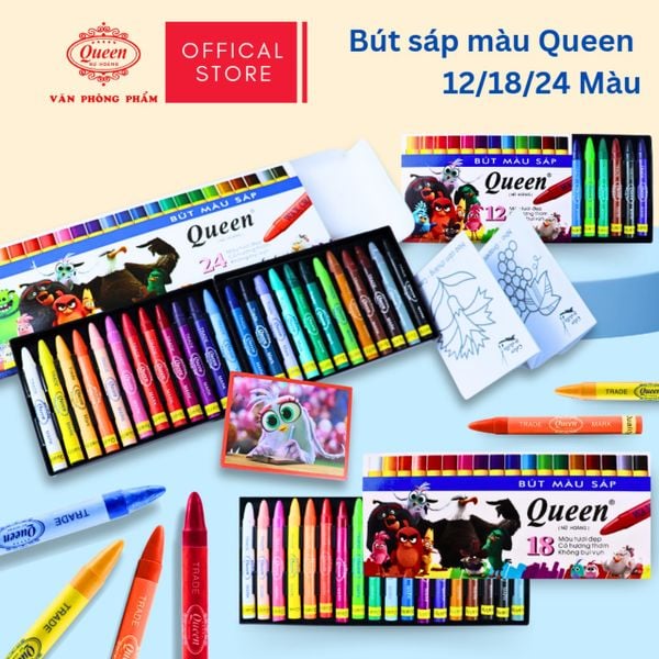 (Mẫu Mới) Bút sáp màu Queen (Nữ Hoàng) - Hộp giấy 12 màu/18 màu/24 màu - Tặng 1 ảnh hoạt hình & Giấy Tô Màu