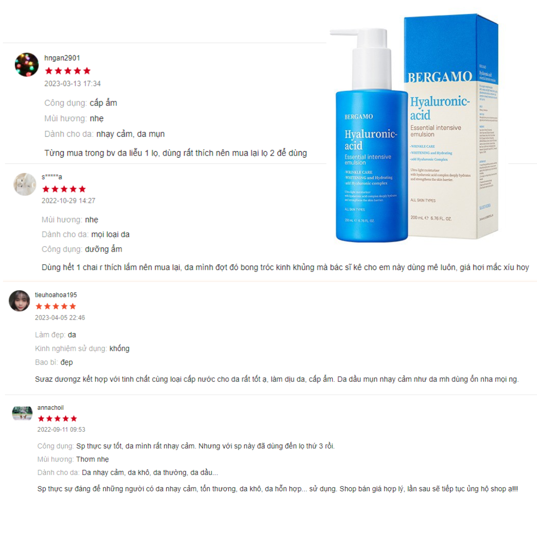 SỮA DƯỠNG DA CẤP ẨM BERGAMO HYALURONIC ACID ESSENTIAL INTENSIVE EMULSION 200ML