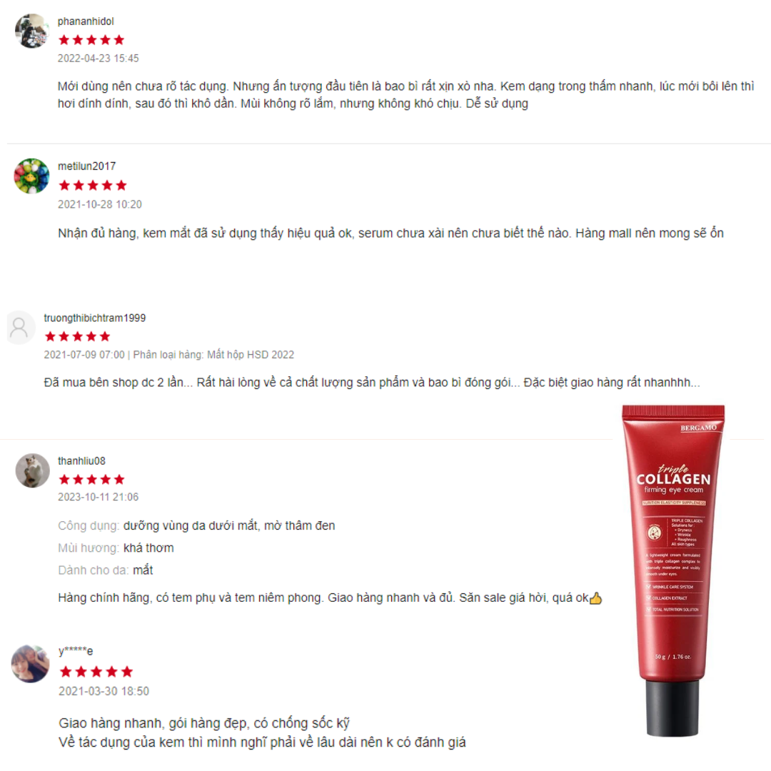 KEM DƯỠNG MẮT COLLAGEN SĂN CHẮC BERGAMO TRIPLE COLLAGEN FIRMING EYE CREAM 50G