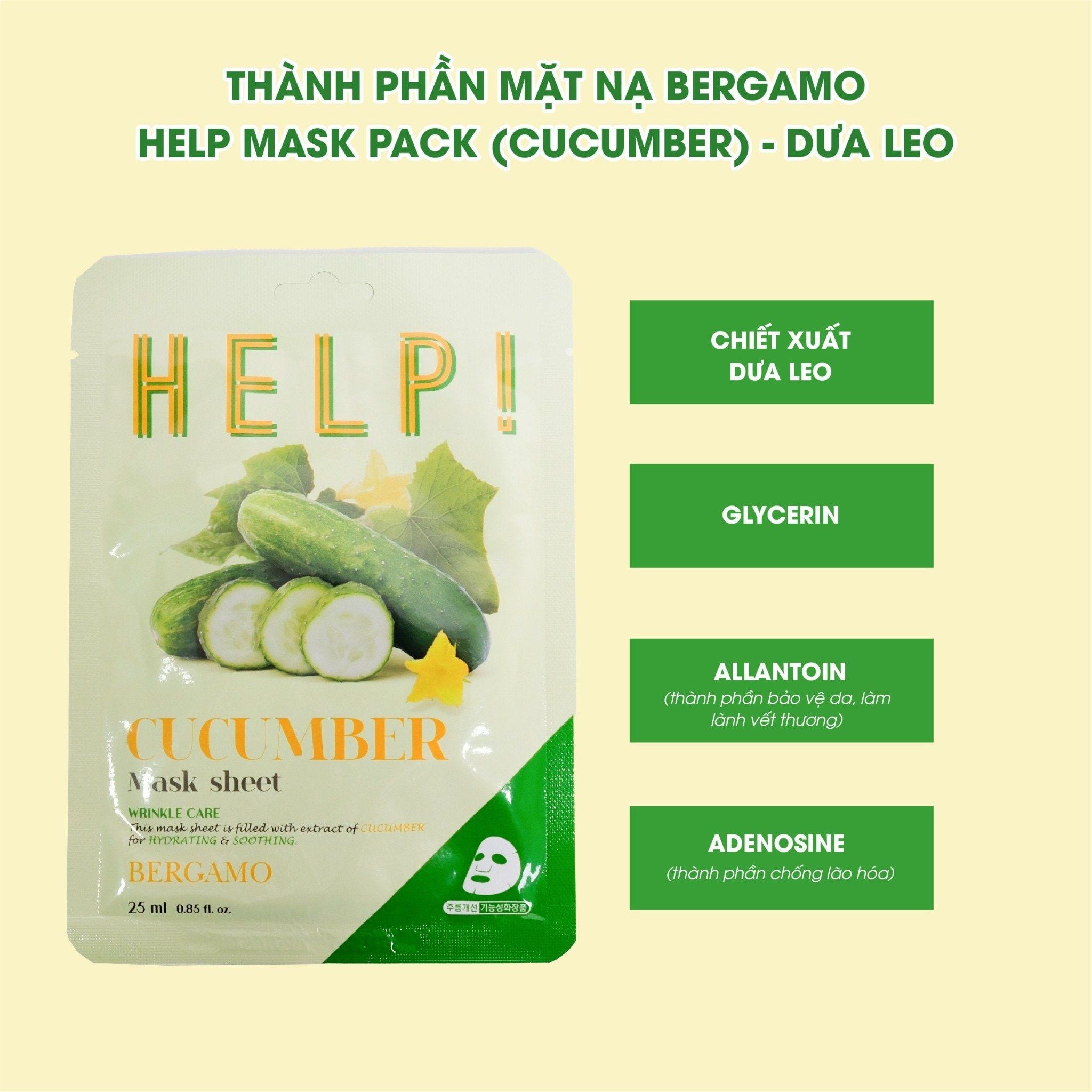 MẶT NẠ BERGAMO HELP MASK PACK CUCUMBER - DƯA LEO