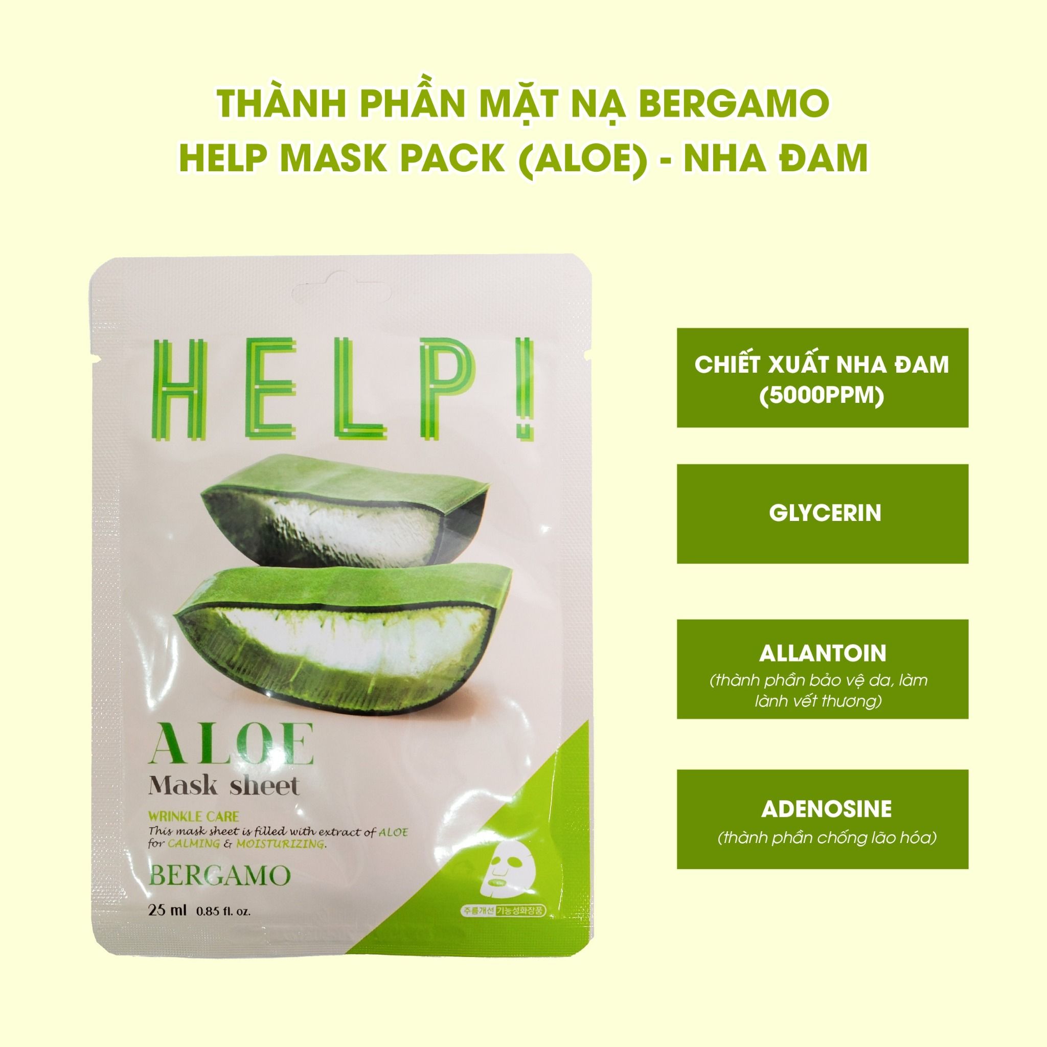 MẶT NẠ BERGAMO HELP MASK PACK ALOE - NHA ĐAM