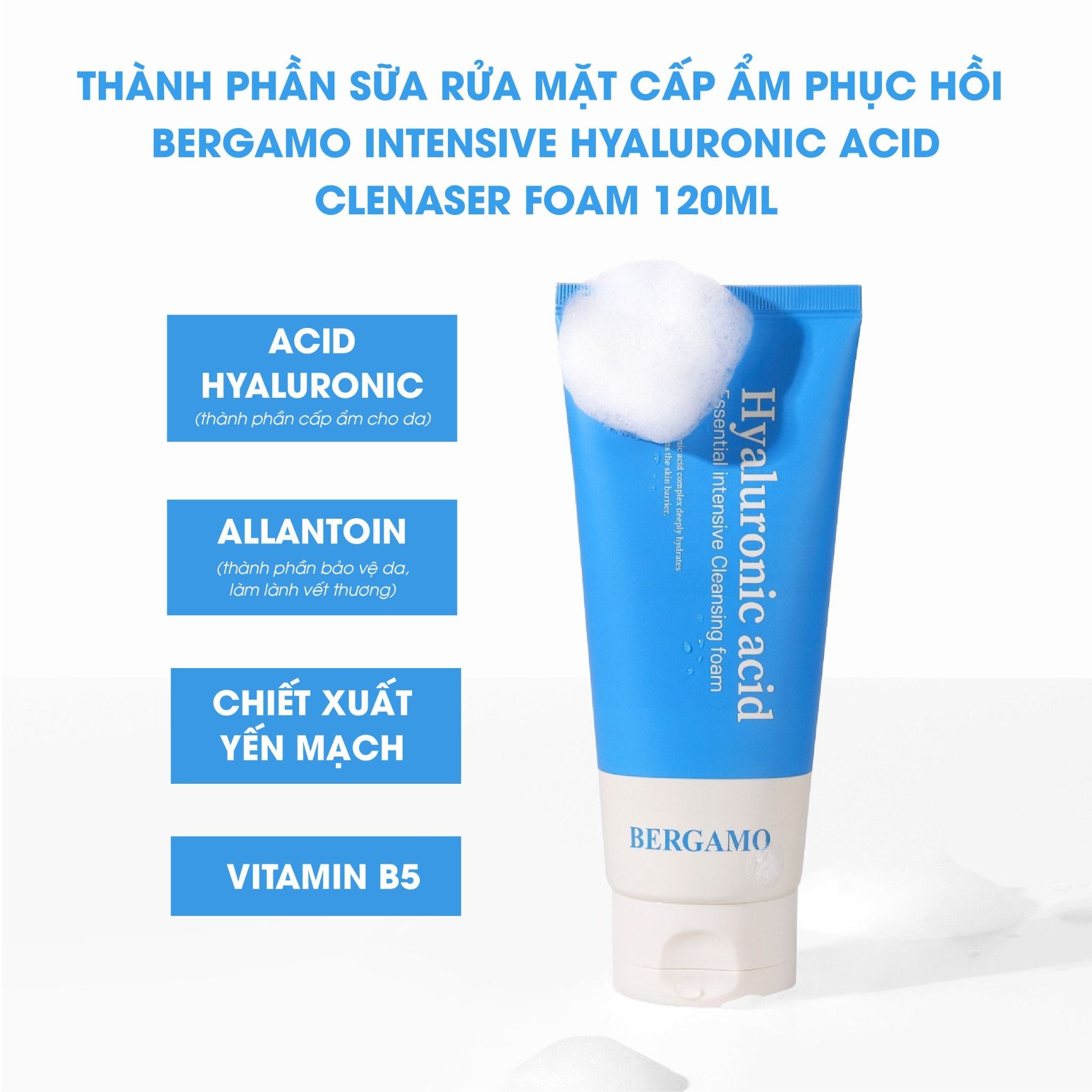SỮA RỬA MẶT CẤP ẨM HỖ TRỢ PHỤC HỒI BERGAMO INTENSIVE HYALURONIC ACID CLEANSING FOAM 120ML