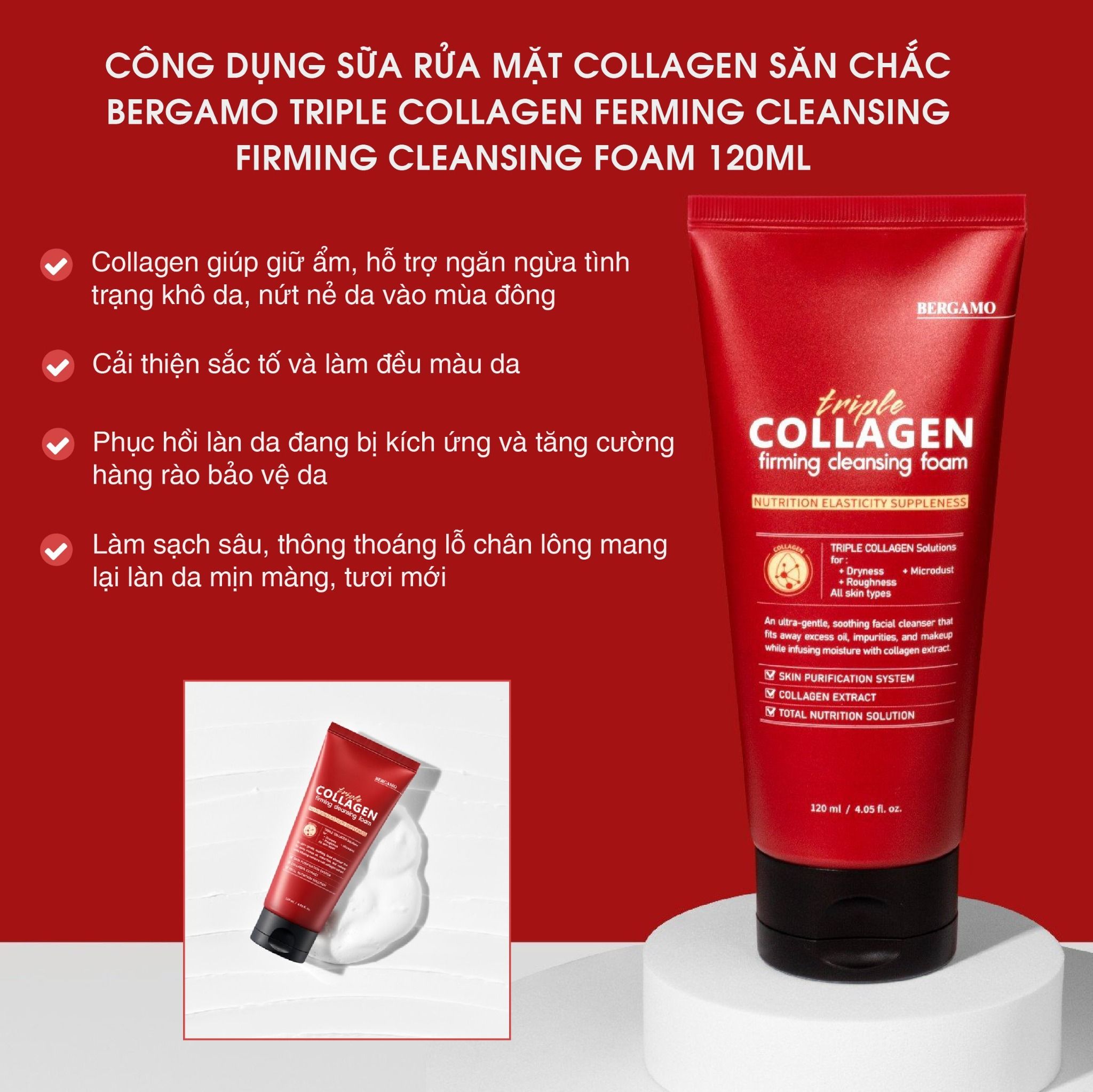 SỮA RỬA MẶT COLLAGEN SĂN CHẮC BERGAMO TRIPLE COLLAGEN FIRMING CLEANSING FOAM 120ML