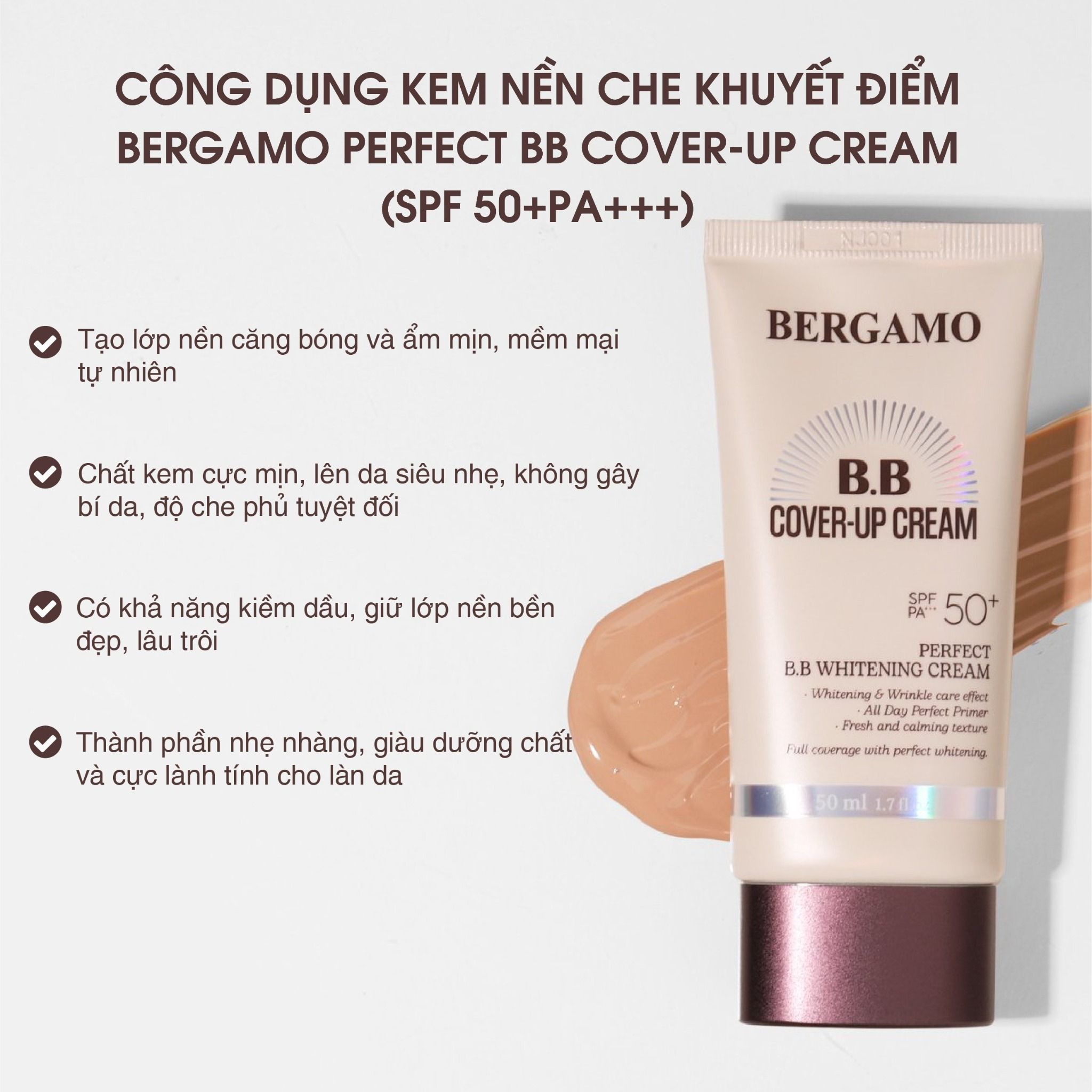 KEM NỀN CHE KHUYẾT ĐIỂM BERGAMO PERFECT BB COVER-UP CREAM SPF 50+PA+++ 50ML
