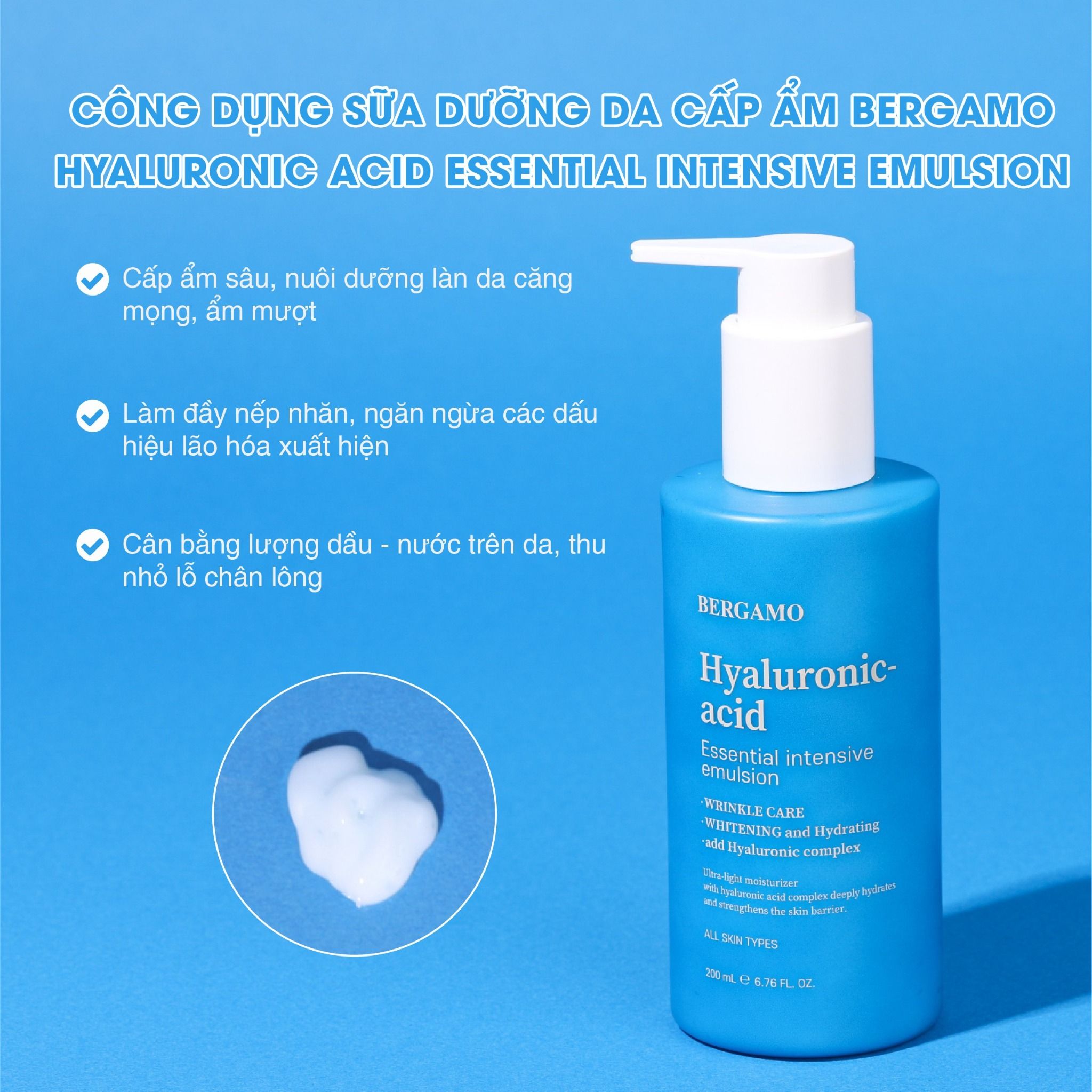 SỮA DƯỠNG DA CẤP ẨM BERGAMO HYALURONIC ACID ESSENTIAL INTENSIVE EMULSION 200ML
