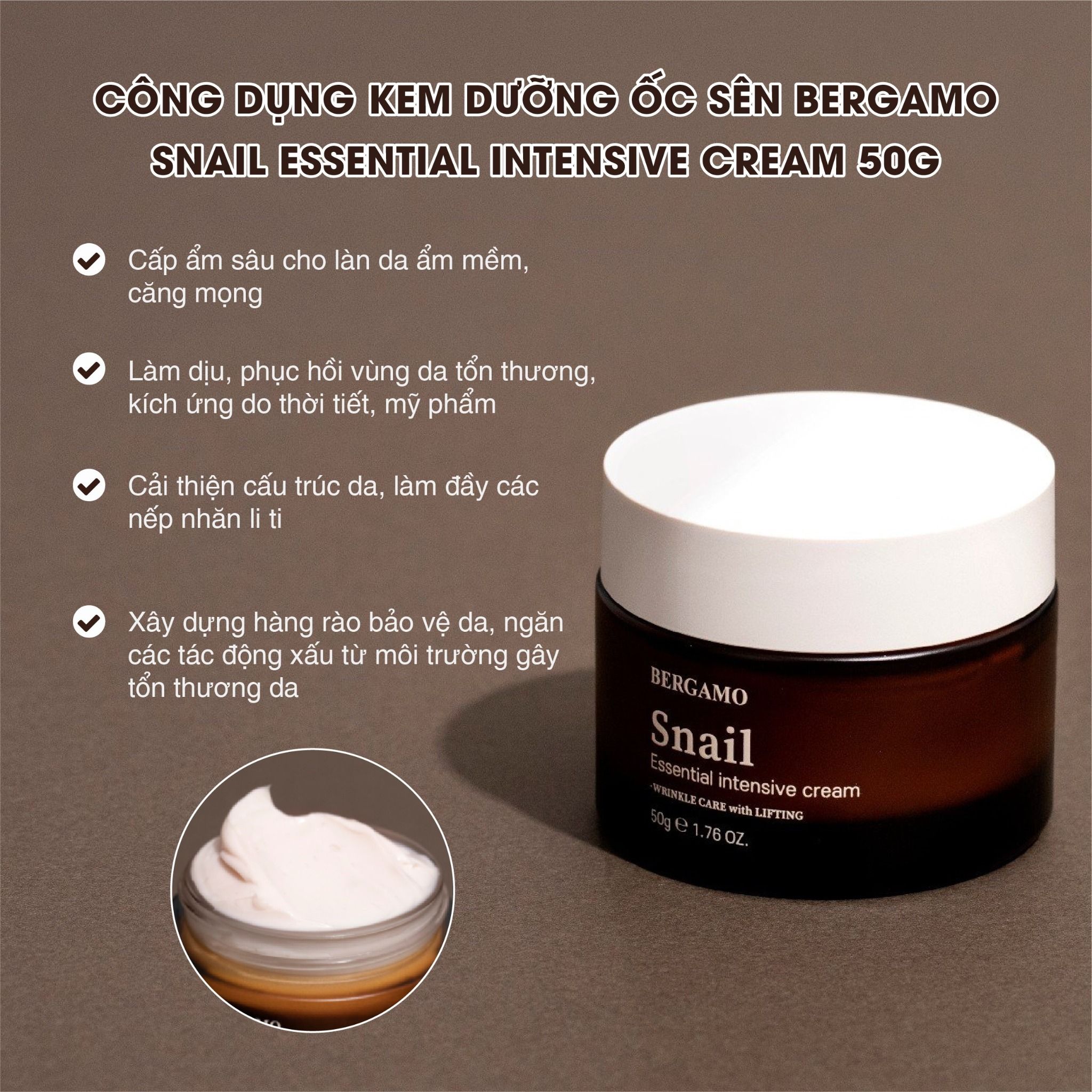 KEM DƯỠNG ỐC SÊN BERGAMO SNAIL ESSENTIAL INTENSIVE CREAM 50G