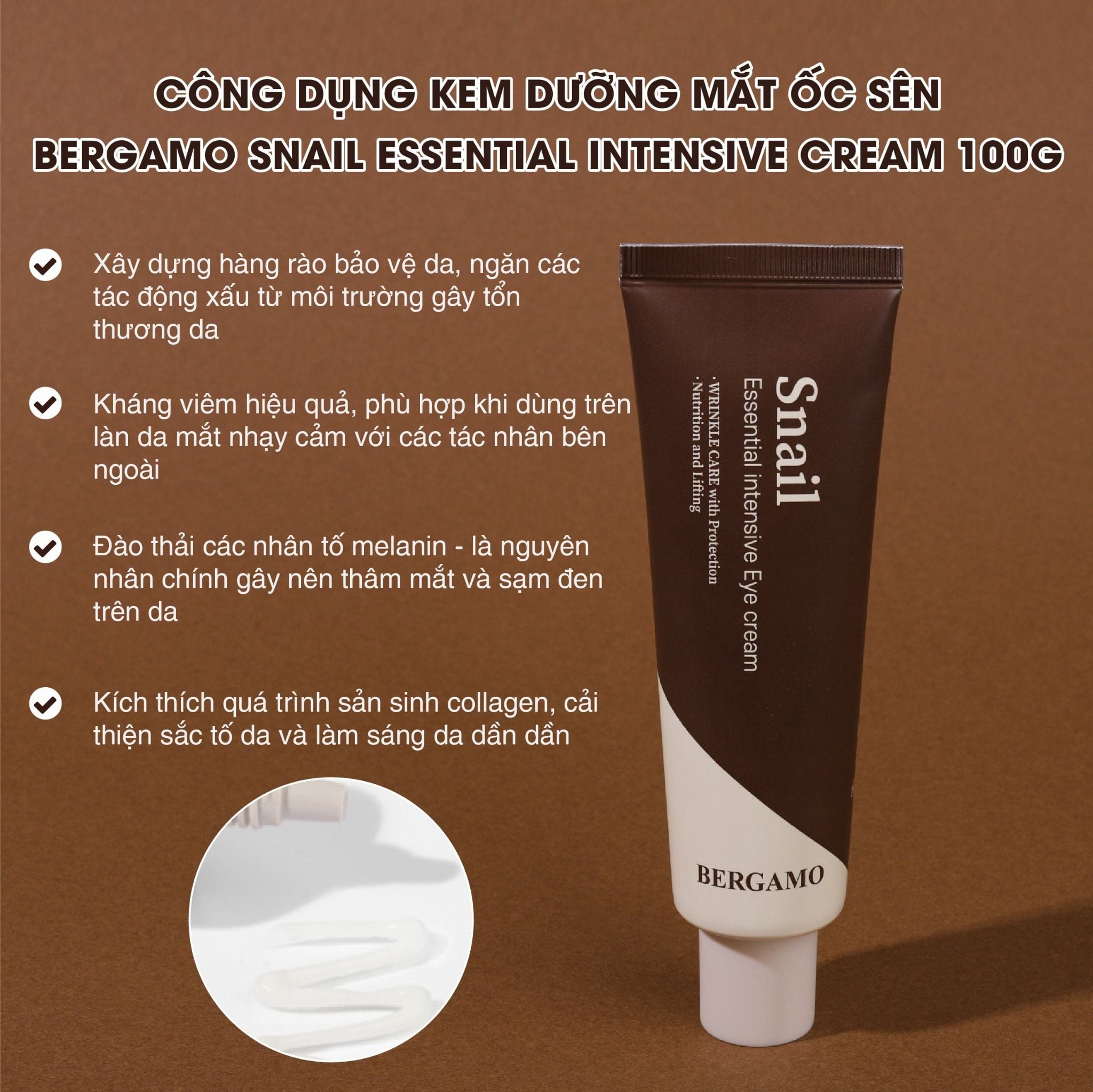 KEM DƯỠNG MẮT ỐC SÊN BERGAMO SNAIL ESSENTIAL INTENSIVE EYE CREAM 100G