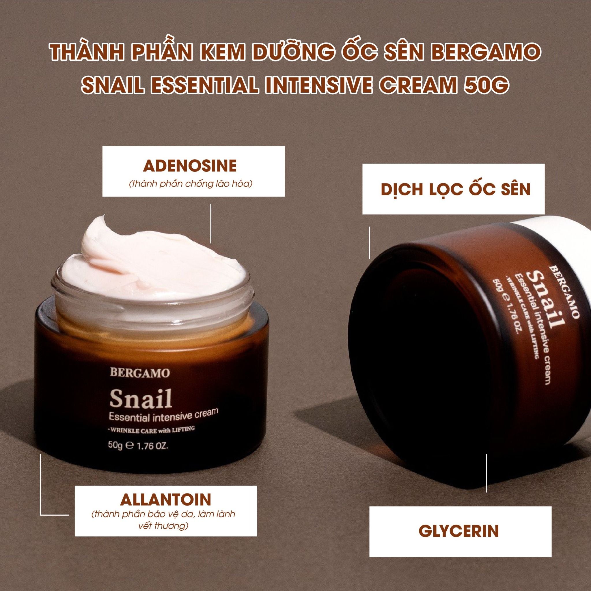 KEM DƯỠNG ỐC SÊN BERGAMO SNAIL ESSENTIAL INTENSIVE CREAM 50G