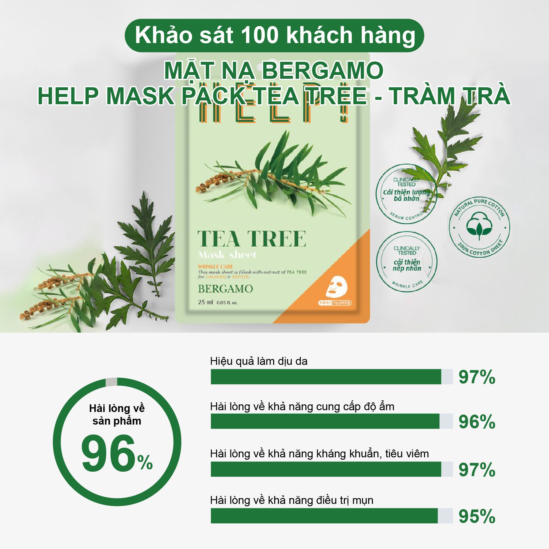 MẶT NẠ BERGAMO HELP MASK PACK TEA TREE - TRÀM TRÀ