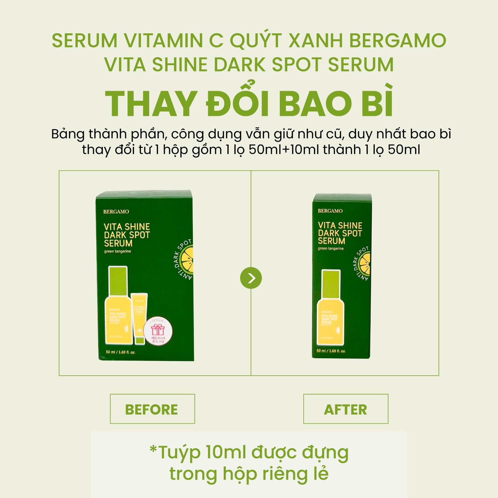 SERUM QUÝT XANH SÁNG DA MỜ THÂM NÁM BERGAMO GREEN TANGERINE VITA SHINE DARK SPOT SERUM 50ML