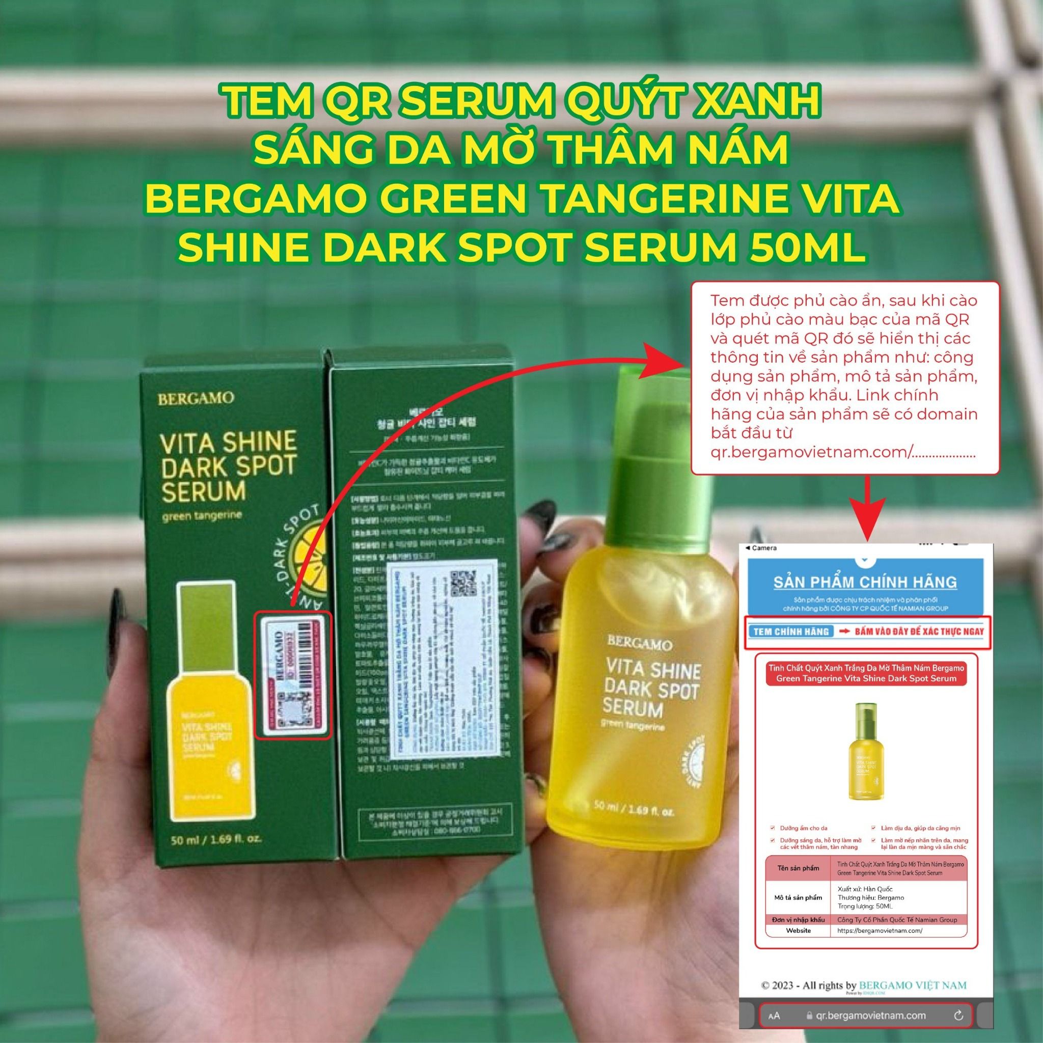 SERUM QUÝT XANH SÁNG DA MỜ THÂM NÁM BERGAMO GREEN TANGERINE VITA SHINE DARK SPOT SERUM 50ML