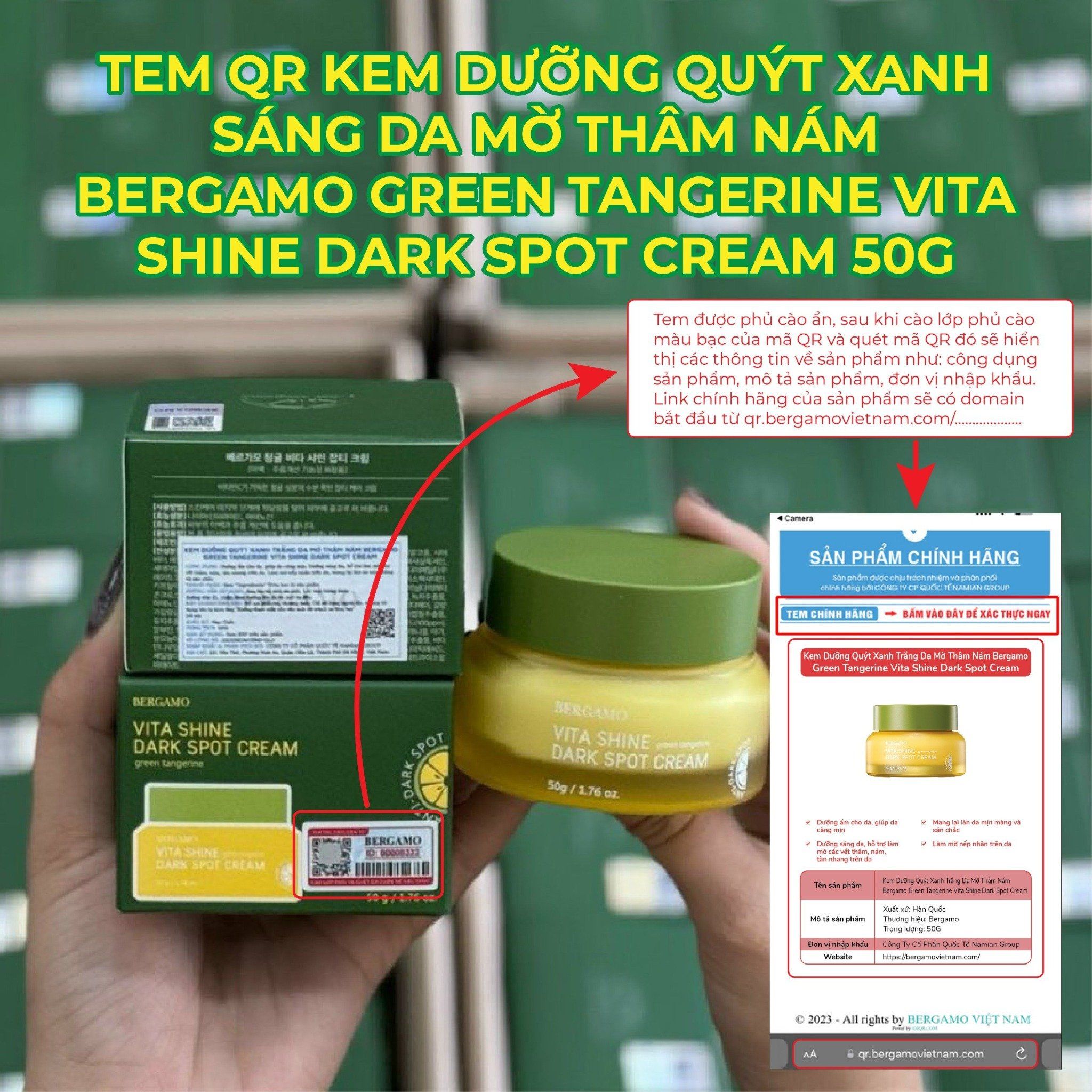 KEM DƯỠNG QUÝT XANH SÁNG DA MỜ THÂM NÁM BERGAMO GREEN TANGERINE VITA SHINE DARK SPOT CREAM 50G