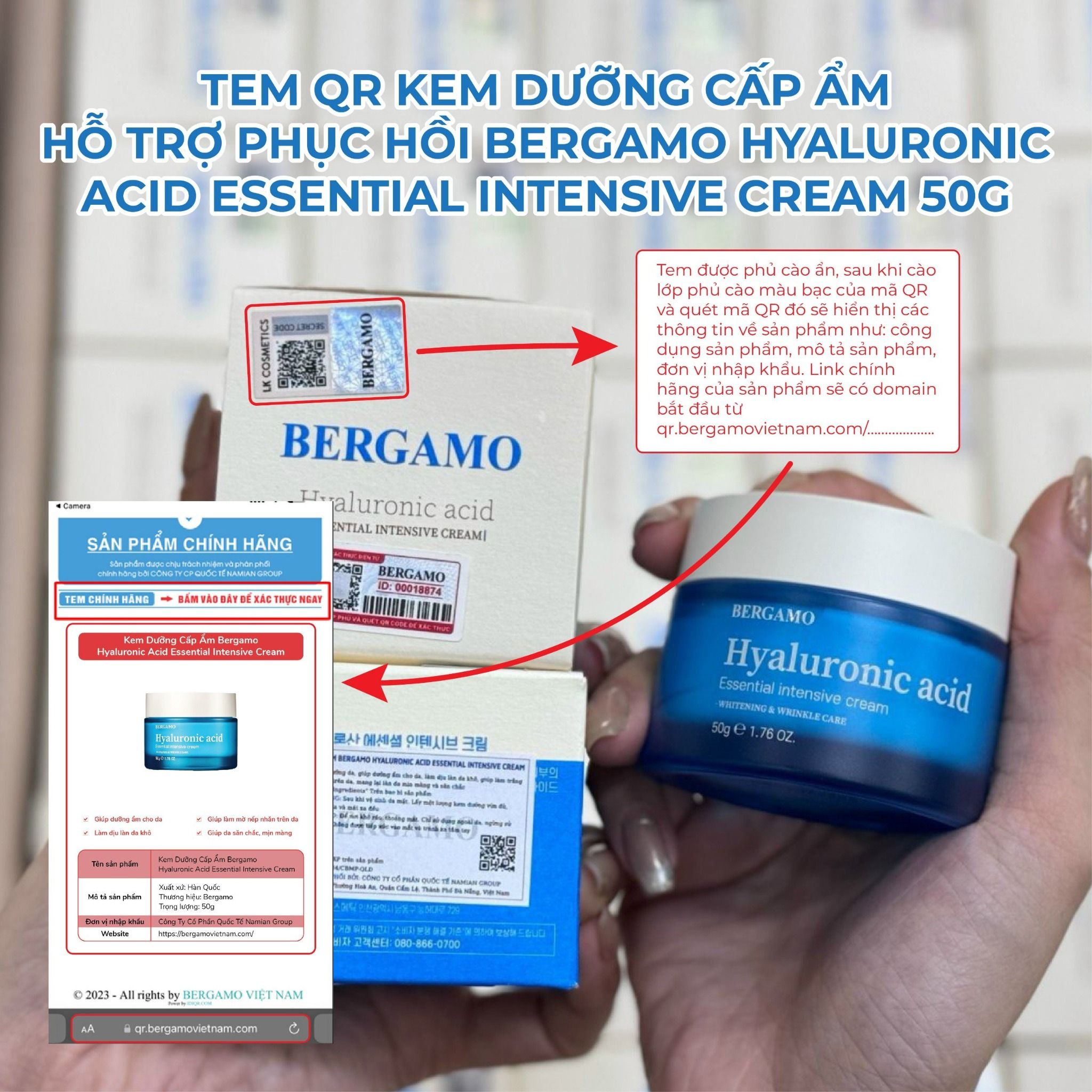 KEM DƯỠNG CẤP ẨM HỖ TRỢ PHỤC HỒI BERGAMO HYALURONIC ACID ESSENTIAL INTENSIVE CREAM 50G