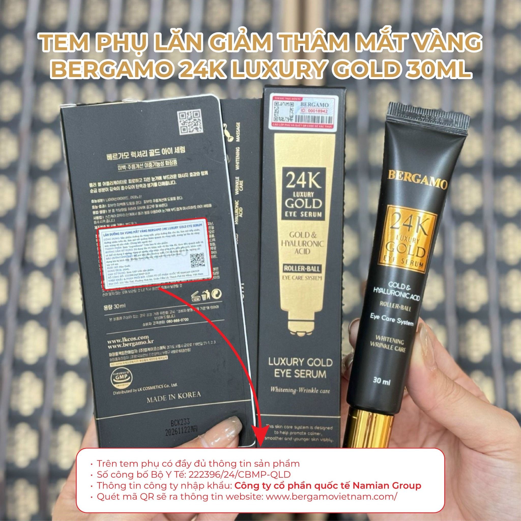 LĂN GIẢM THÂM MẮT VÀNG BERGAMO 24K LUXURY GOLD EYE SERUM 30ML