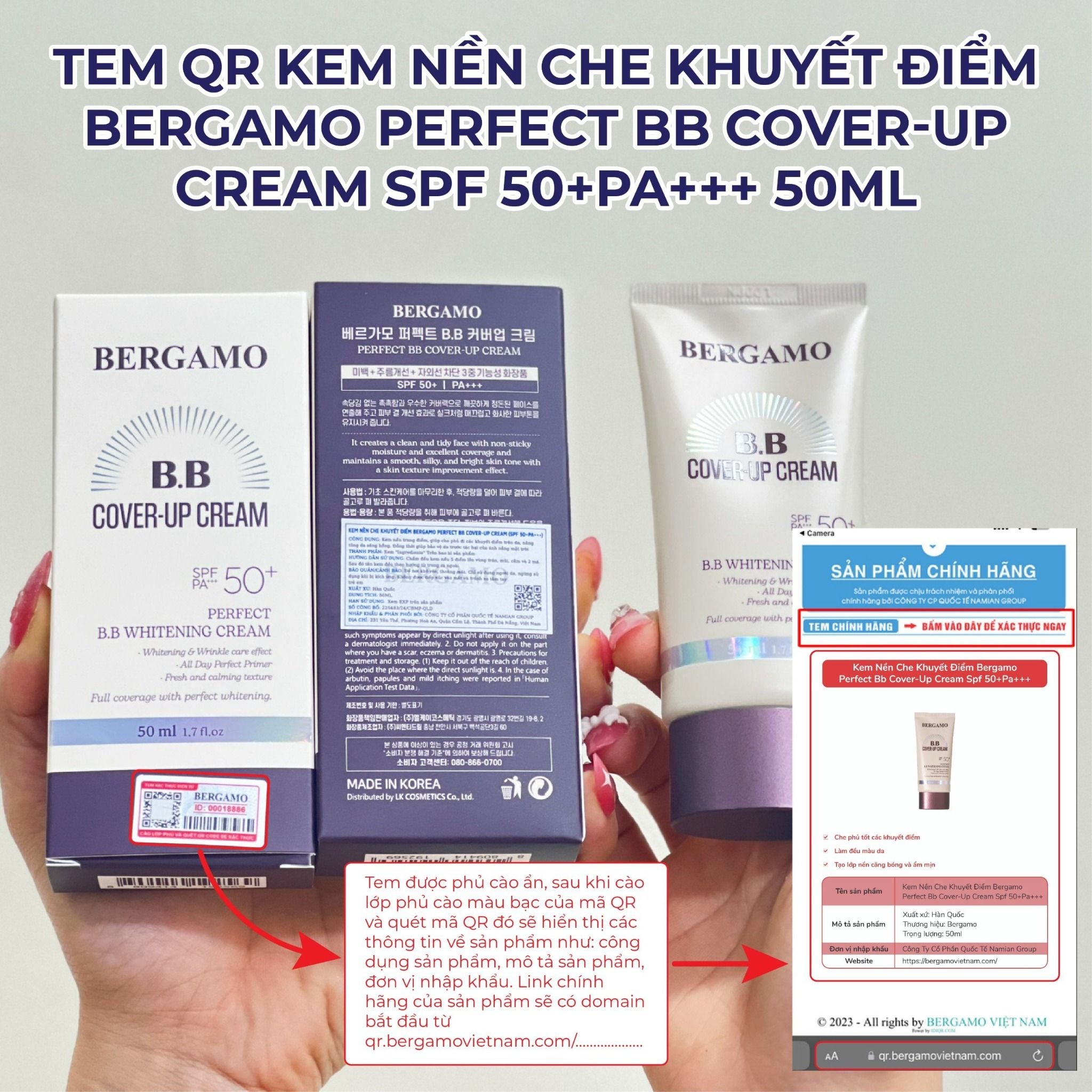 KEM NỀN CHE KHUYẾT ĐIỂM BERGAMO PERFECT BB COVER-UP CREAM SPF 50+PA+++ 50ML