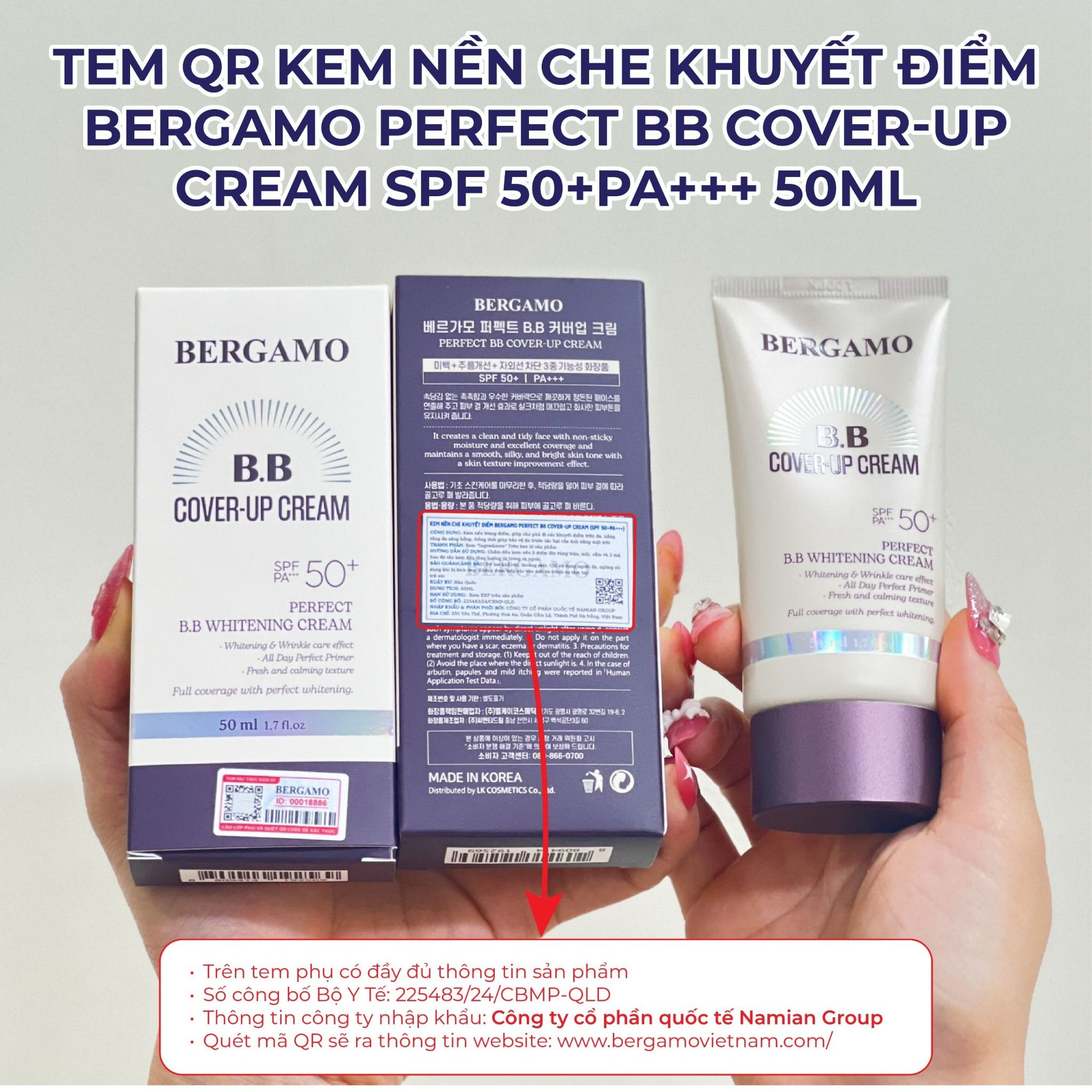 KEM NỀN CHE KHUYẾT ĐIỂM BERGAMO PERFECT BB COVER-UP CREAM SPF 50+PA+++ 50ML