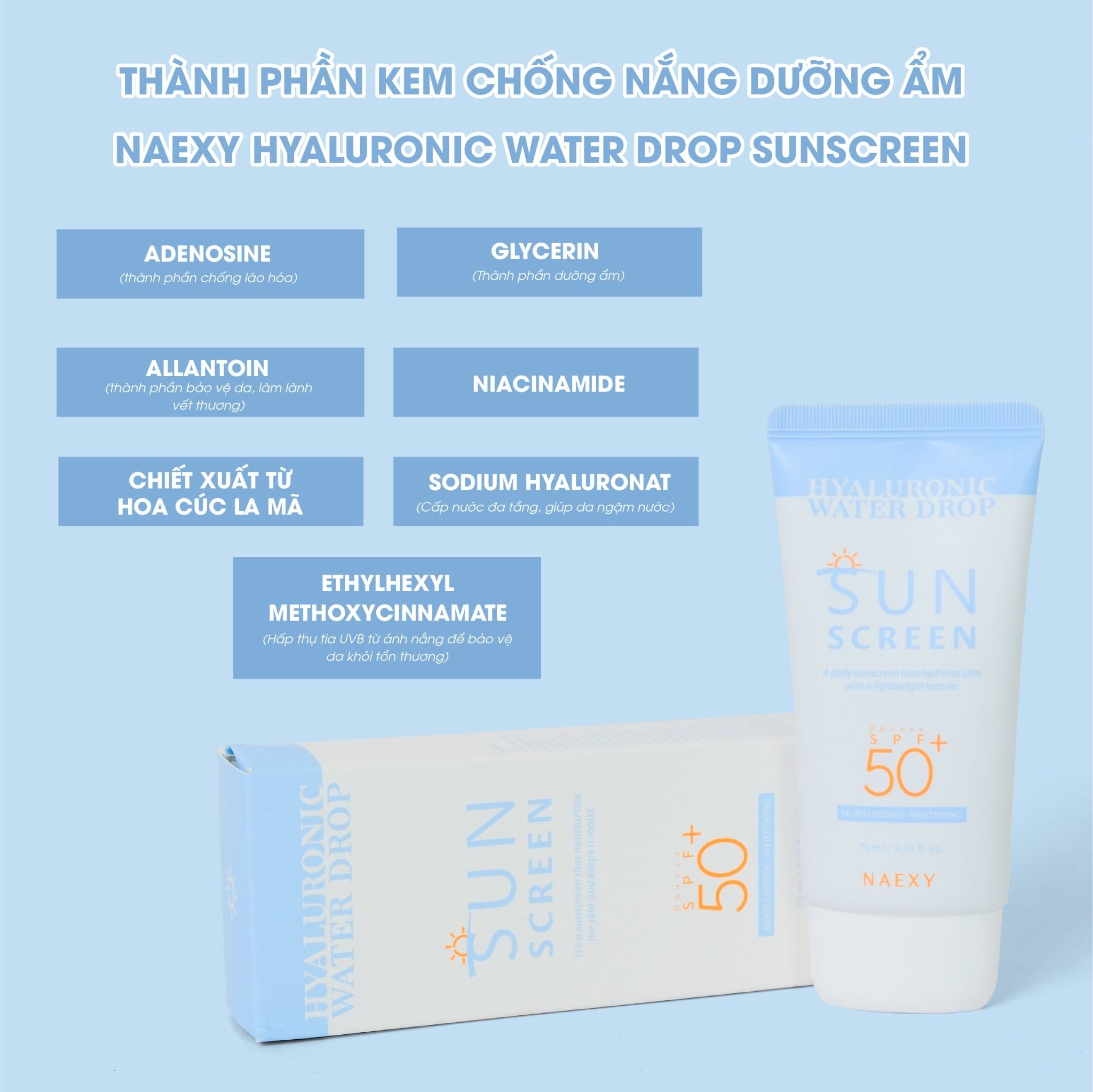 KEM CHỐNG NẮNG DƯỠNG ẨM NAEXY HYALURONIC WATER DROP SUNSCREEN 70ML