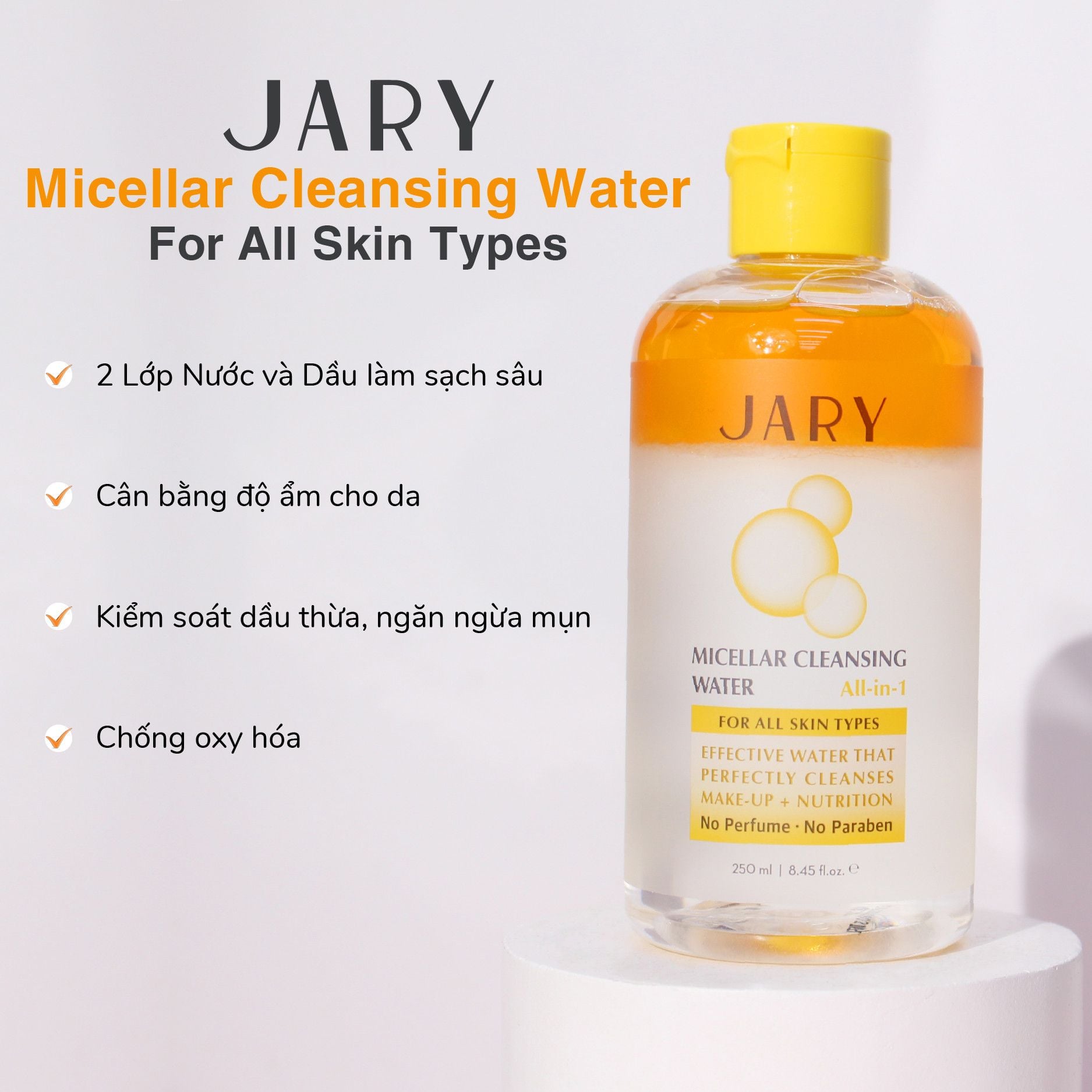 NƯỚC TẨY TRANG JARY MICELLAR CLEANSING WATER MÀU VÀNG - DÀNH CHO MỌI LOẠI DA, DA MAKE-UP
