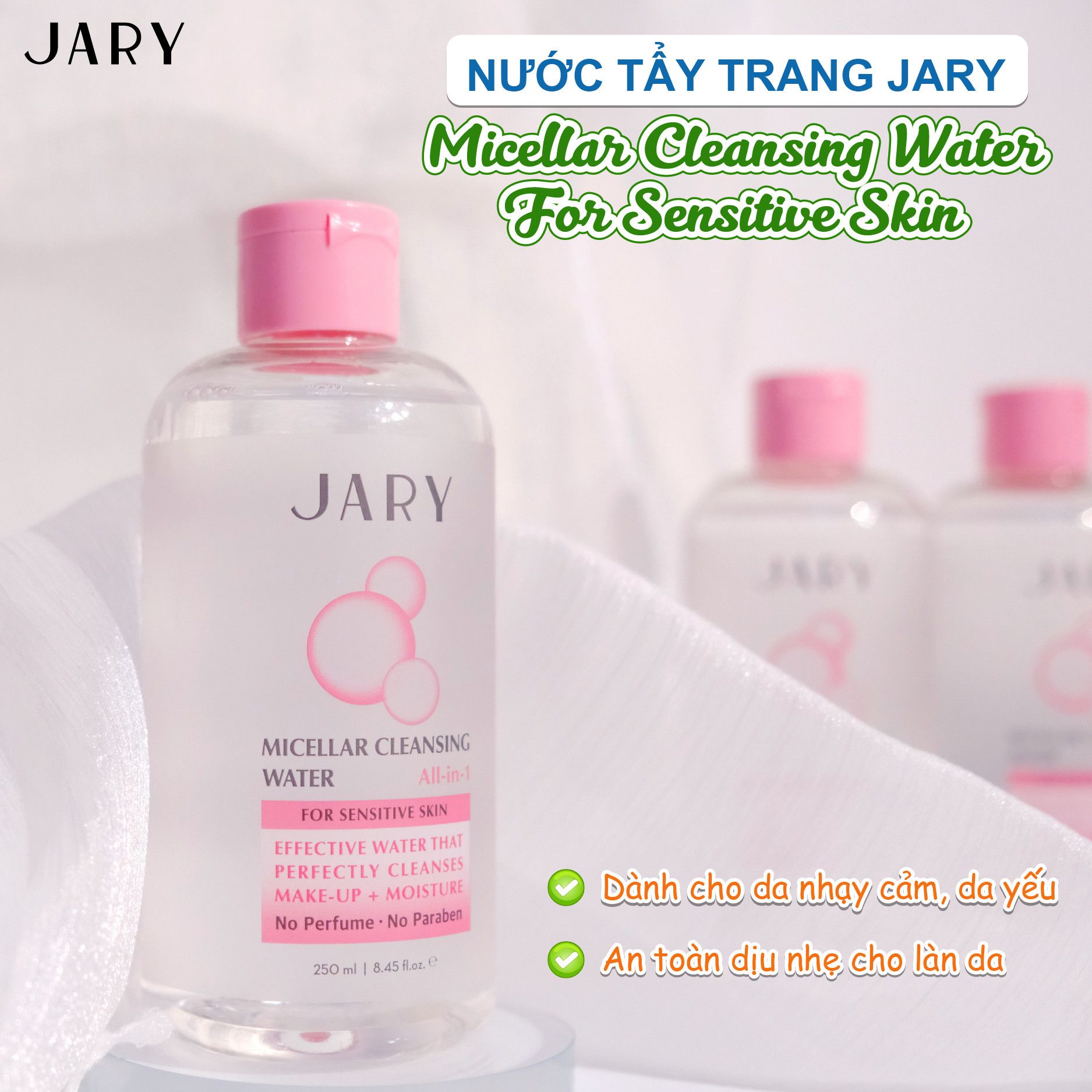 NƯỚC TẨY TRANG JARY MICELLAR CLEANSING WATER MÀU HỒNG - DÀNH CHO DA KHÔ, THƯỜNG, NHẠY CẢM