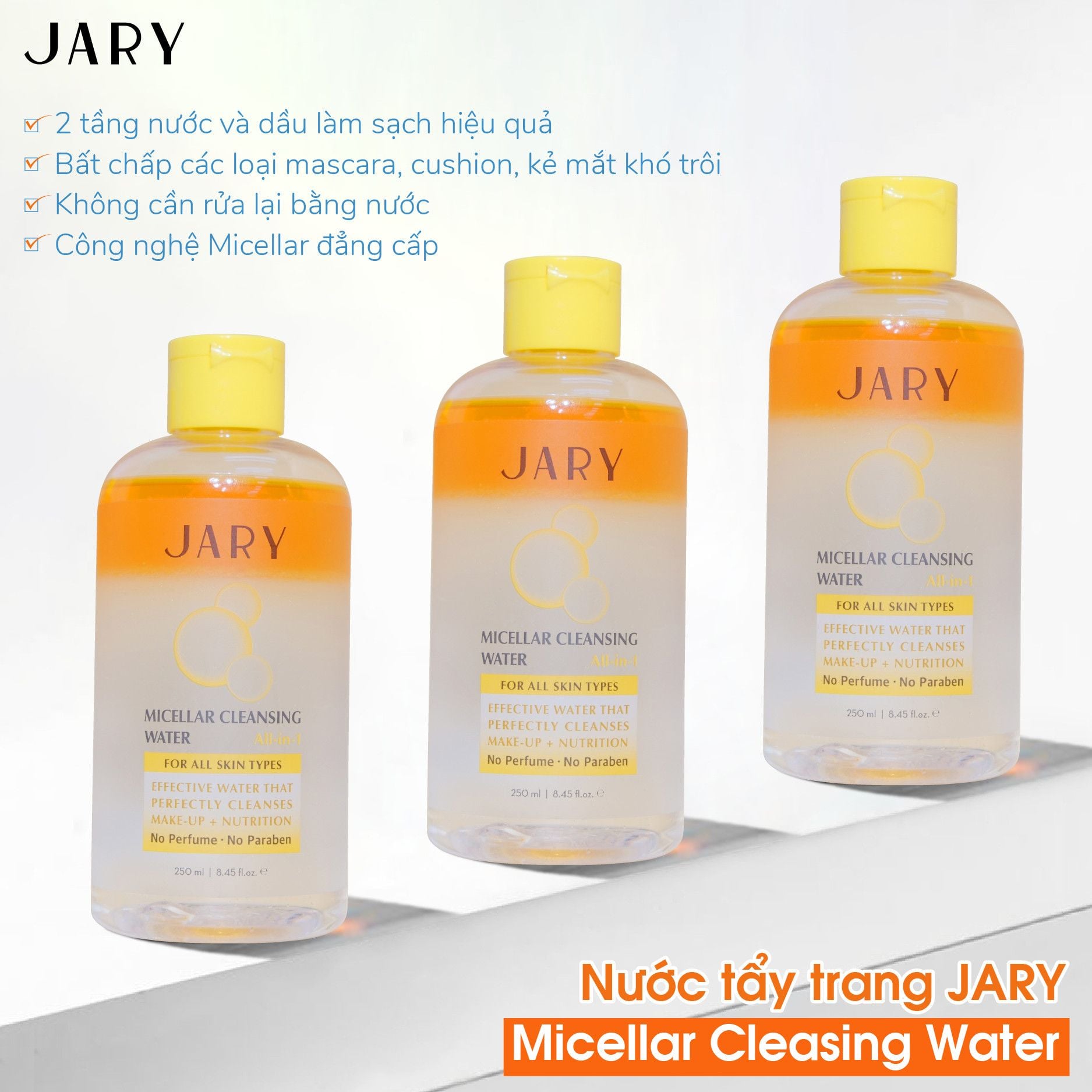 NƯỚC TẨY TRANG JARY MICELLAR CLEANSING WATER MÀU VÀNG - DÀNH CHO MỌI LOẠI DA, DA MAKE-UP