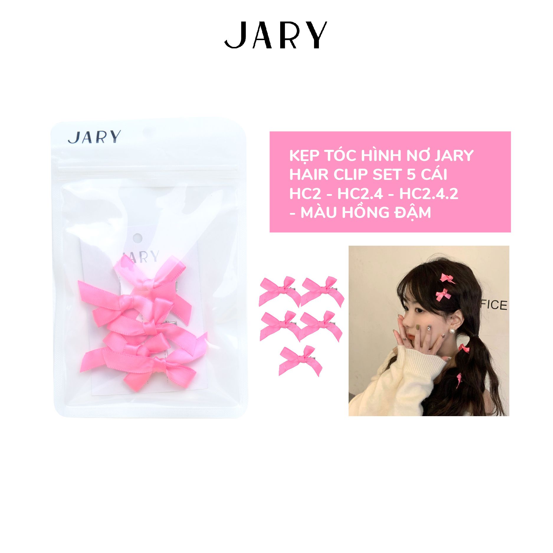 KẸP TÓC JARY HAIR CLIP SET 5 CÁI - HC2 - HC2.4 - HC2.4.2 - HÌNH NƠ MÀU HỒNG ĐẬM