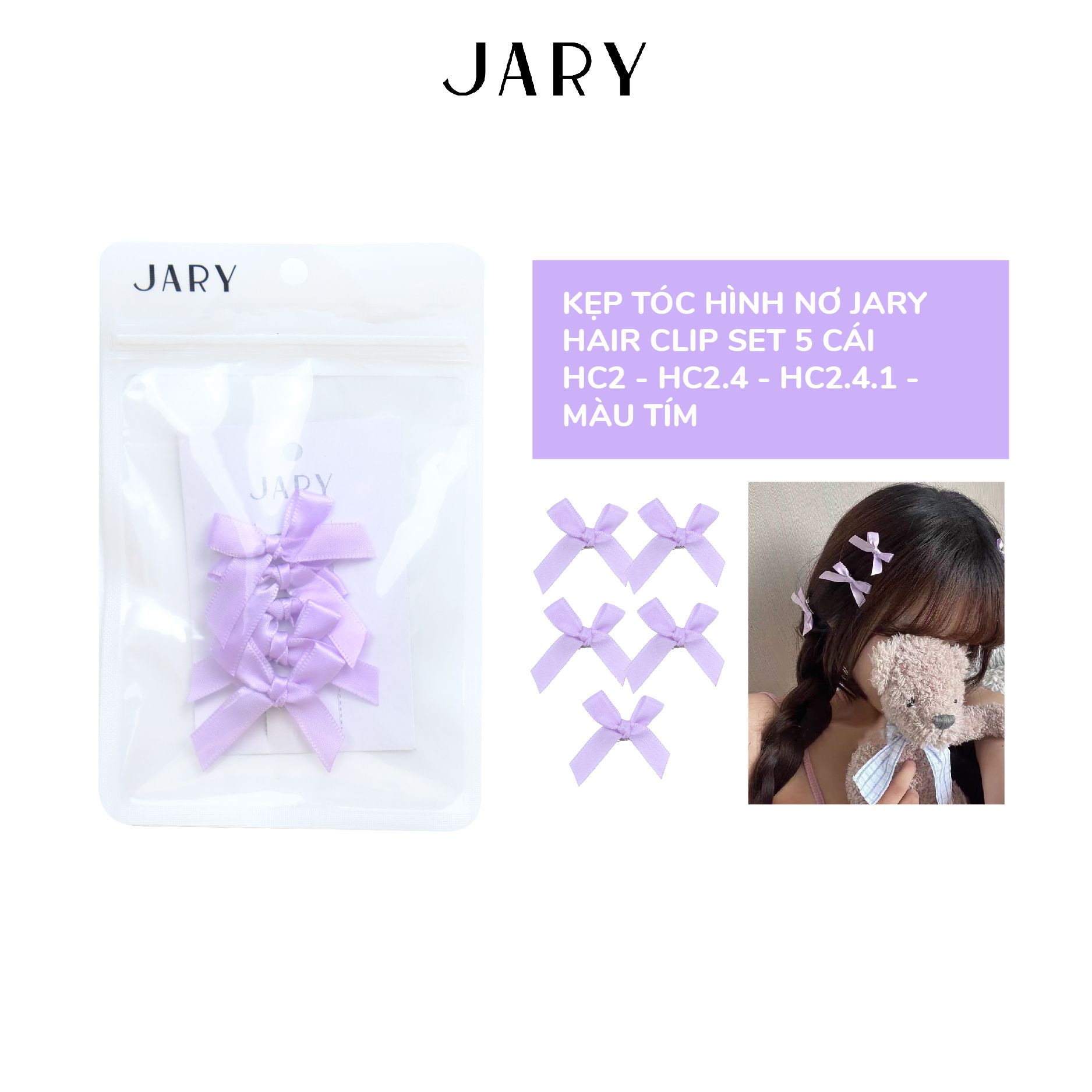KẸP TÓC JARY HAIR CLIP SET 5 CÁI - HC2 - HC2.4 - HC2.4.1 - HÌNH NƠ MÀU TÍM
